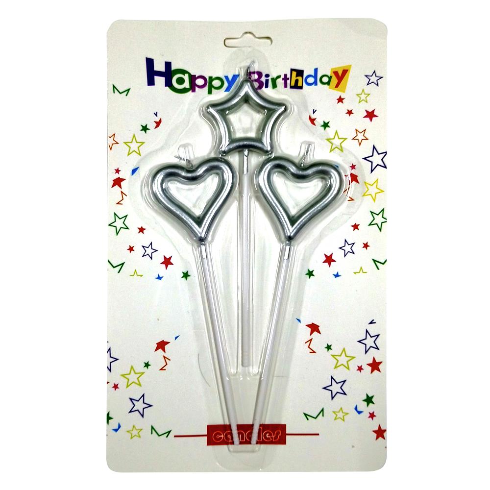 3 LÜ ÇUBUKLU ORTASI BOŞ 1 YILDIZ 2 KALP GÜMÜŞ MUM PK:24 KL:360