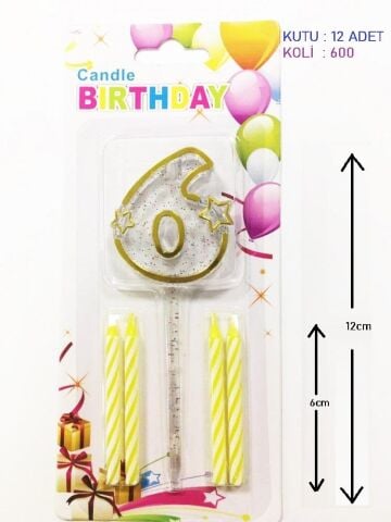 MİKA ŞEFFAF 6 RAKAM GOLD MUM 12CM PK:12 KL:600