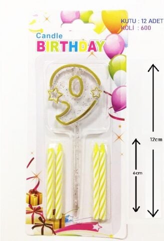 MİKA ŞEFFAF 9 RAKAM GOLD MUM 12CM PK:12 KL:600