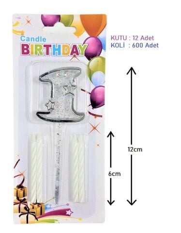 MİKA ŞEFFAF 1 RAKAM GÜMÜŞ MUM 12CM PK:12 KL:600