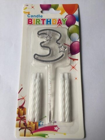 MİKA ŞEFFAF 3 RAKAM GÜMÜŞ MUM 12CM PK:12 KL:600