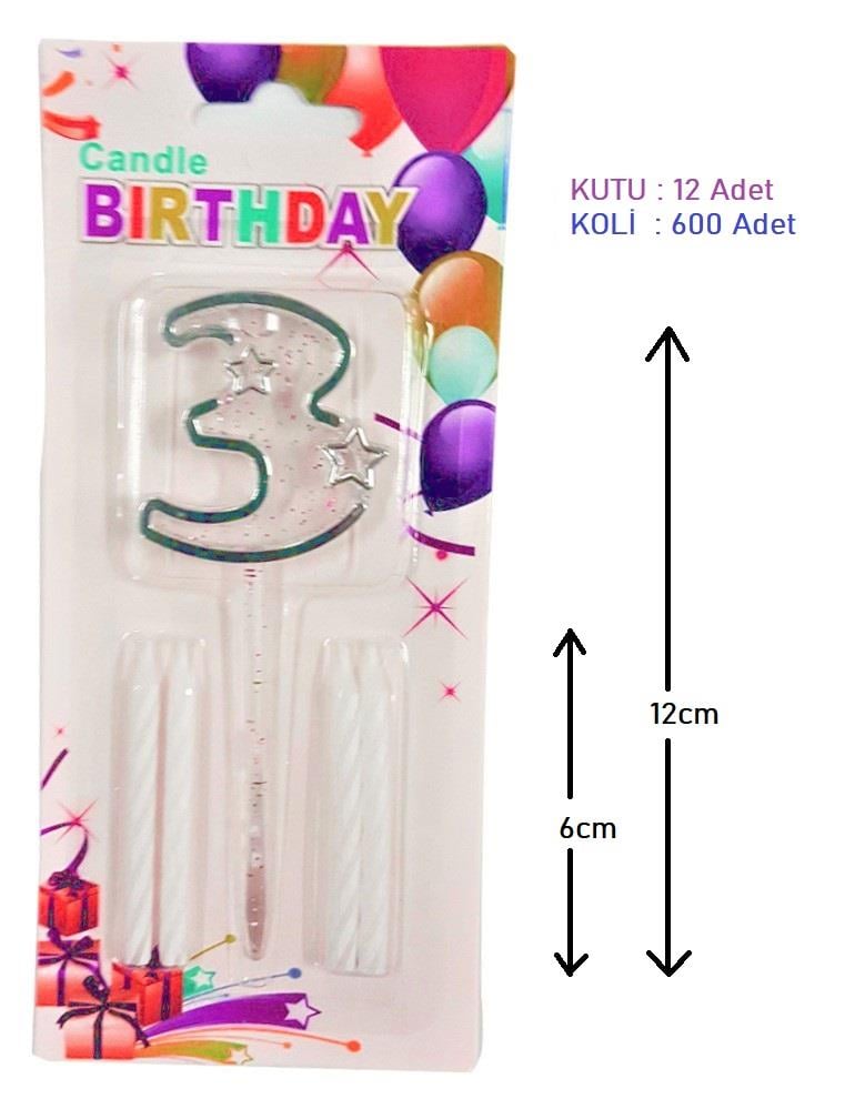 MİKA ŞEFFAF 3 RAKAM GÜMÜŞ MUM 12CM PK:12 KL:600