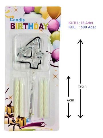 MİKA ŞEFFAF 4 RAKAM GÜMÜŞ MUM 12CM PK:12 KL:600