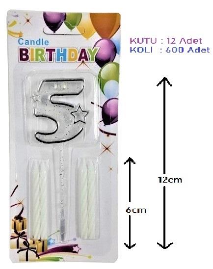 MİKA ŞEFFAF 5 RAKAM GÜMÜŞ MUM 12CM PK:12 KL:600