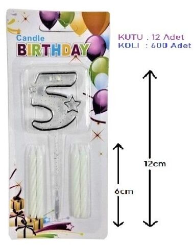 MİKA ŞEFFAF 5 RAKAM GÜMÜŞ MUM 12CM PK:12 KL:600