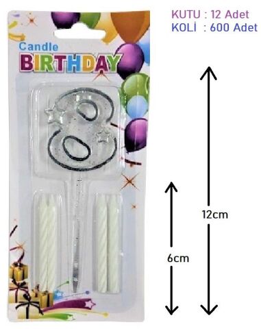 MİKA ŞEFFAF 8 RAKAM GÜMÜŞ MUM 12CM PK:12 KL:600