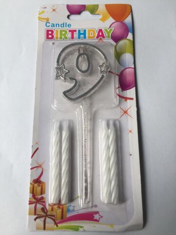 MİKA ŞEFFAF 9 RAKAM GÜMÜŞ MUM 12CM PK:12 KL:600
