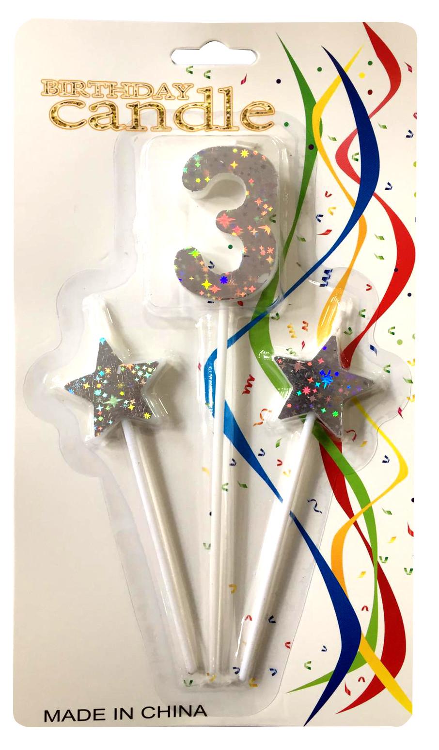 ÇUBUKLU YILDIZLI 3 RAKAM GÜMÜŞ  MUM PK:12