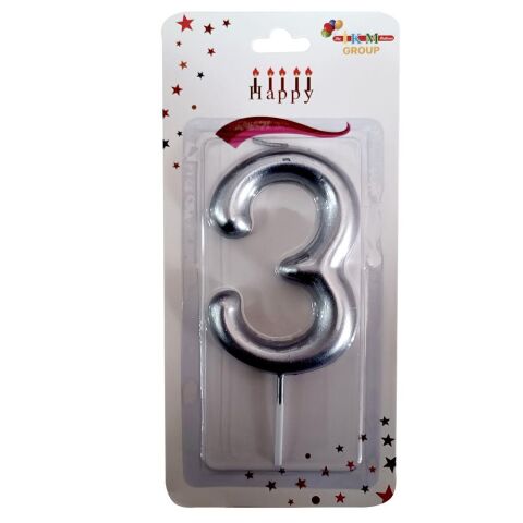 BÜYÜK BOY 3 RAKAM GÜMÜŞ  MUM 13cm PK:24 KL:600