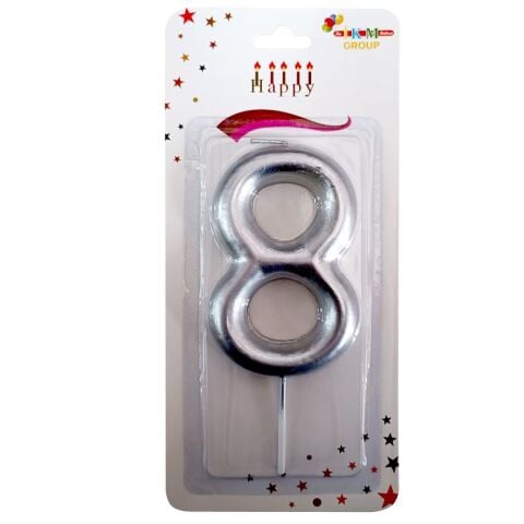 BÜYÜK BOY 8 RAKAM GÜMÜŞ  MUM 13cm PK:24 KL:600