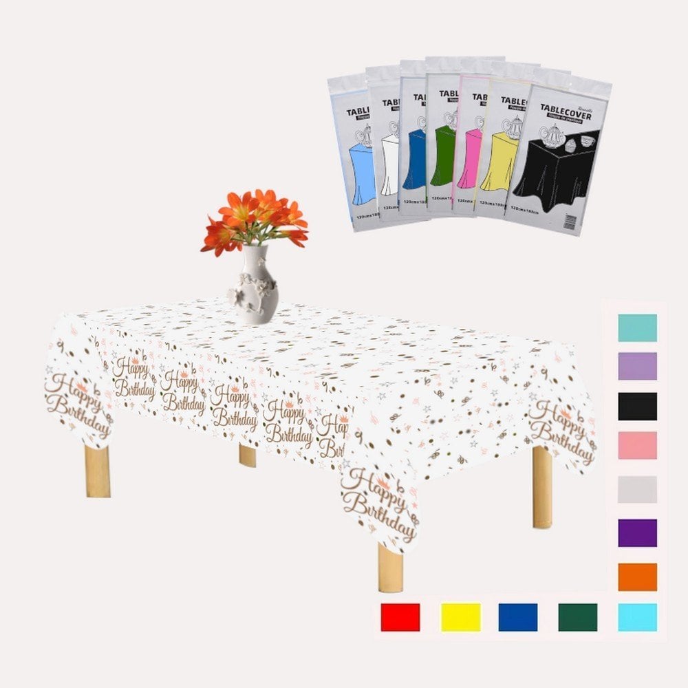 PLASTİK HAPPY BİRTHDAY BEYAZ ÜSTÜ GOLD BASKILI MASA ÖRTÜSÜ 120*180cm
