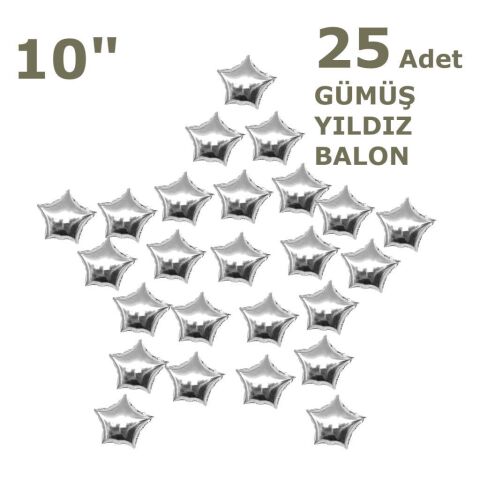 25 YILDIZLI 10 İNC GÜMÜŞ SET BALON