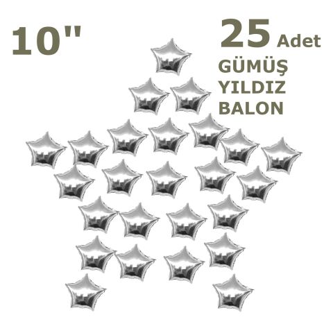 25 YILDIZLI 10 İNC GÜMÜŞ SET BALON