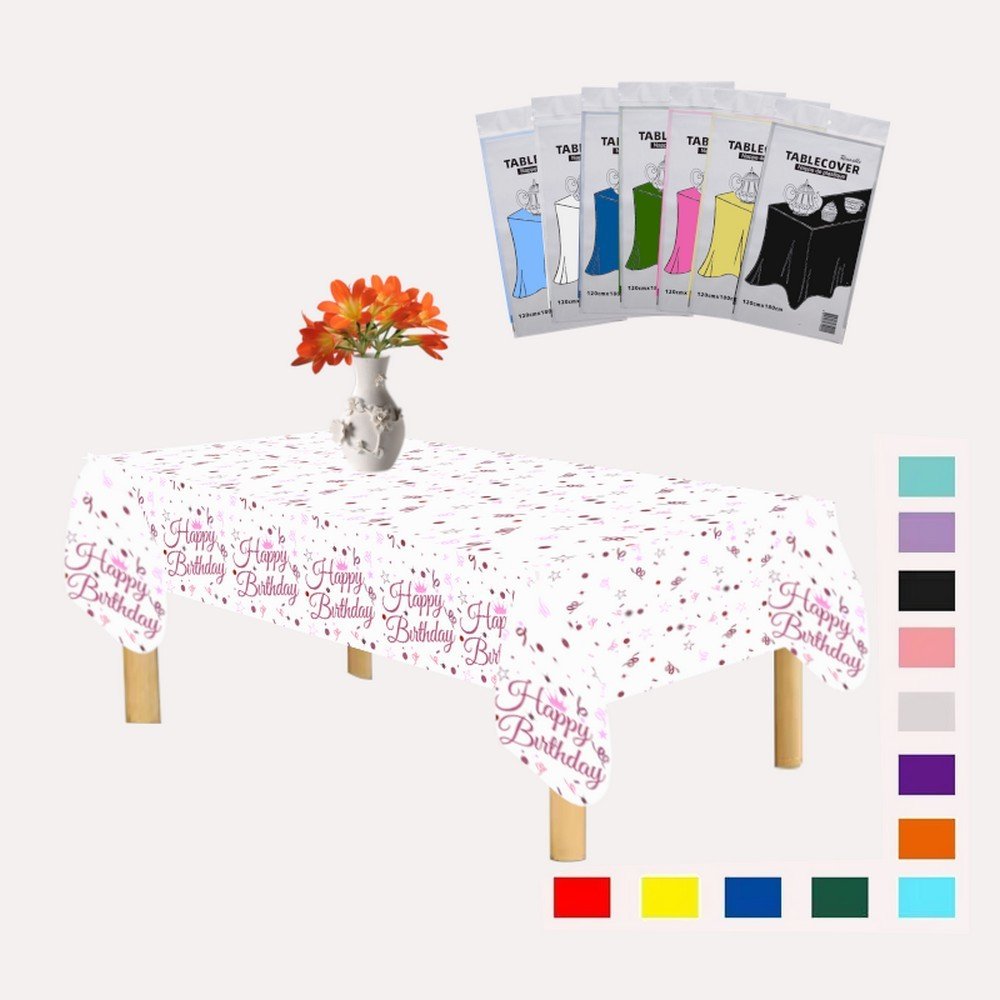 PLASTİK HAPPY BİRTHDAY BEYAZ ÜSTÜ PEMBE BASKILI MASA ÖRTÜSÜ 120*180cm