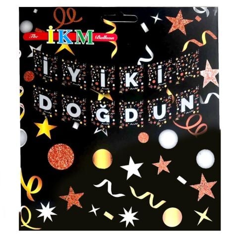 BÜYÜK BANNER İYİKİ DOĞDUN SİYAH ÜSTÜ GÜMÜŞ UZAR YAZI