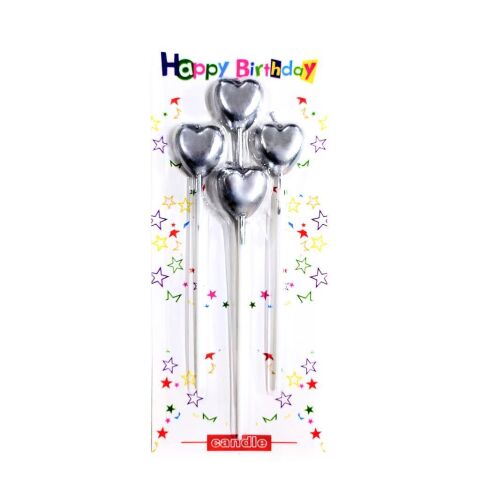 4 LÜ ÇUBUKLU KALP GÜMÜŞ MUM 13.5CM PK:24