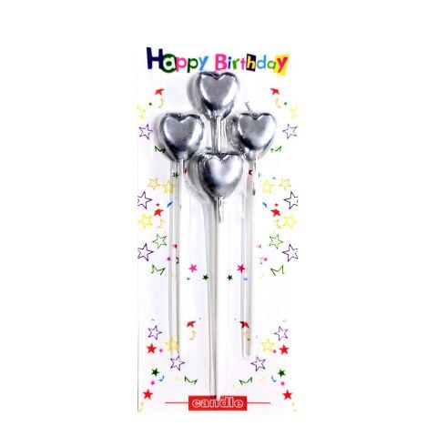 4 LÜ ÇUBUKLU KALP GÜMÜŞ MUM 13.5CM PK:24