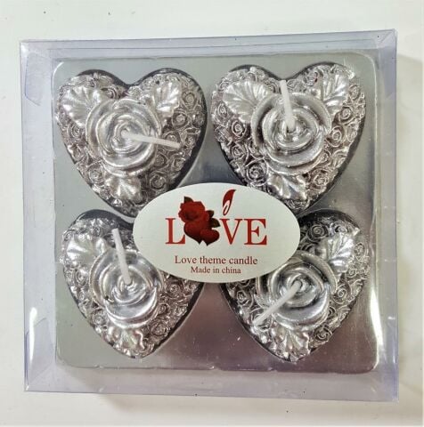 4LÜ KALP ASETAT KUTULU GÜMÜŞ MUM