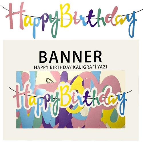 BANNER EL YAZILI HAPPY BİRTHDAY MAKARON RENKLİ UZAR YAZI