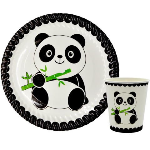 8 Lİ PANDA BASKILI TABAK BARDAK SET