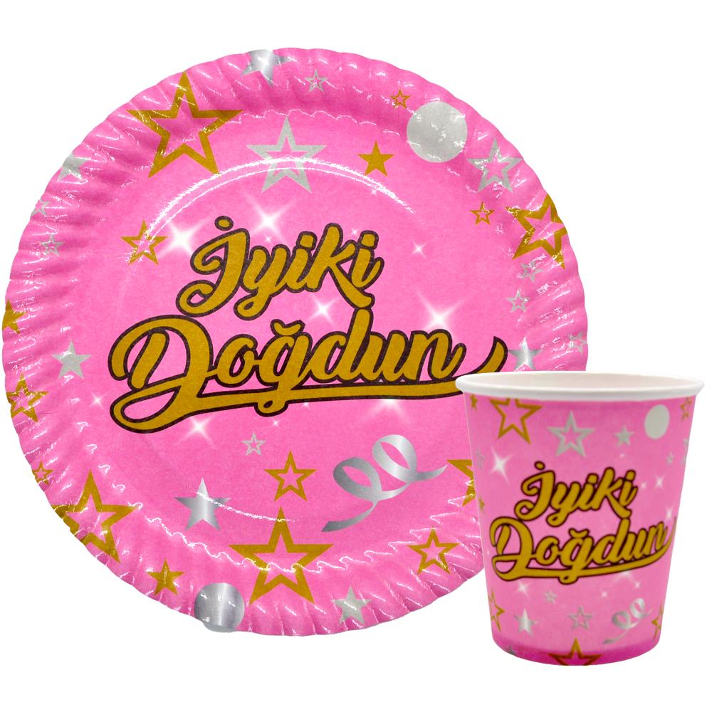 8 Lİ İYİKİ DOĞDUN PEMBE TABAK BARDAK SET
