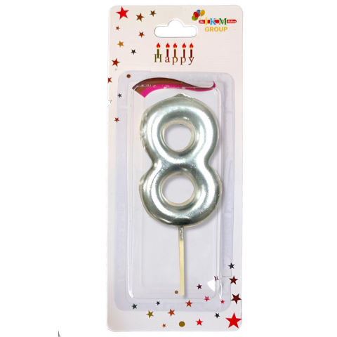 ORTA BOY 8 RAKAM GÜMÜŞ MUM 10CM PK:24 KL:600