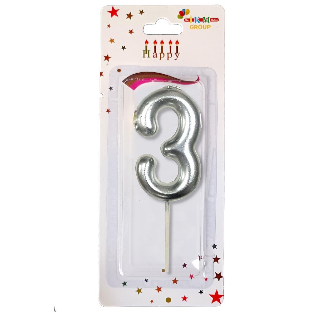 ORTA BOY 3 RAKAM GÜMÜŞ MUM 10CM PK:12 KL:600