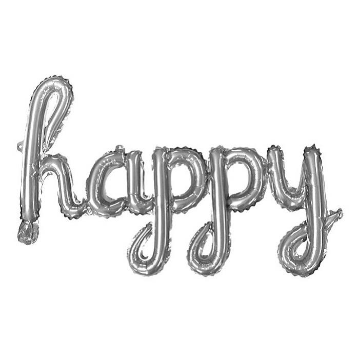 TEKLİ EL YAZILI HAPPY GÜMÜŞ RENK FOLYO BALON 87*33