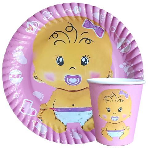 8 Lİ BEBEK PEMBE BASKILI TABAK BARDAK SET
