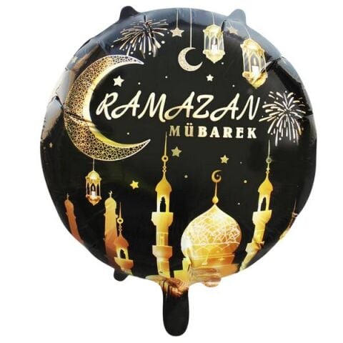 18 İNC YUVARLAK RAMAZAN MUBAREK SİYAH FOLYO BALON 49,5*51,5